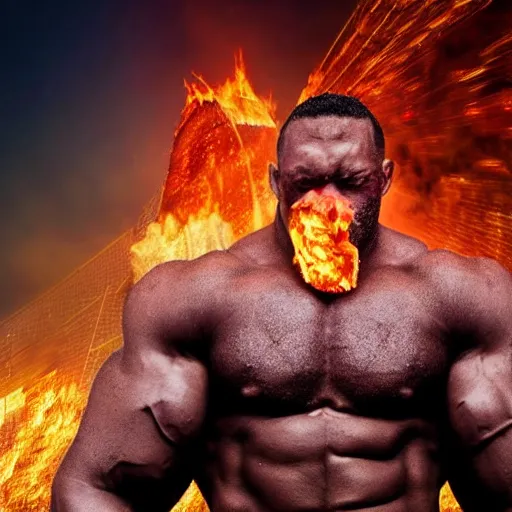 Image similar to Dark powerful muscular giant all on fire with only one eye, destroying city, realistic photo, high detailed