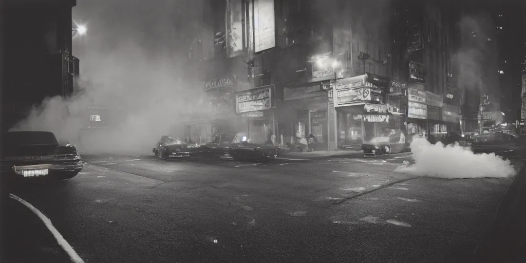 Image similar to a high resolution photo of a new york street at night surrounded with smoke and cars with bright headlights by joel meyerowitz, realistic photo, leica, magnum award winning photograph, parallax photography,