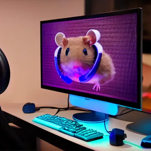 Prompt: the hamster with headphones is sitting at the computer on rgb gaming chair and playing computer