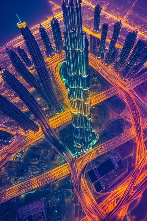 Prompt: neon streets of dubai burj khalifa, 4 k, award winning photo