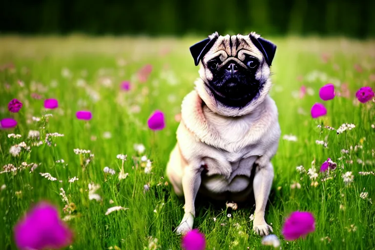 Image similar to a happy pug, single subject, peaceful flower meadow with some trees in the background, scenic full shot, ambient lighting, detailed face, by hr giger