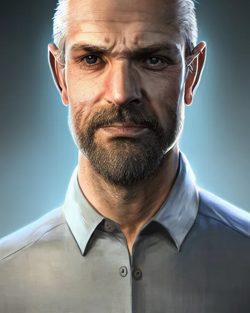 Image similar to portrait of 4 0 - year - old man, with a pale face with premature lines, and light brown hair going grey, wearing in shirt, hyper realistic face, beautiful eyes, character art, art by mark brooks, hyperdetailed, cryengine, trending on artstation, digital art