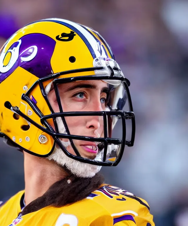 Image similar to extreme close up photo of adam thielen taken with an ultra wide angle lens