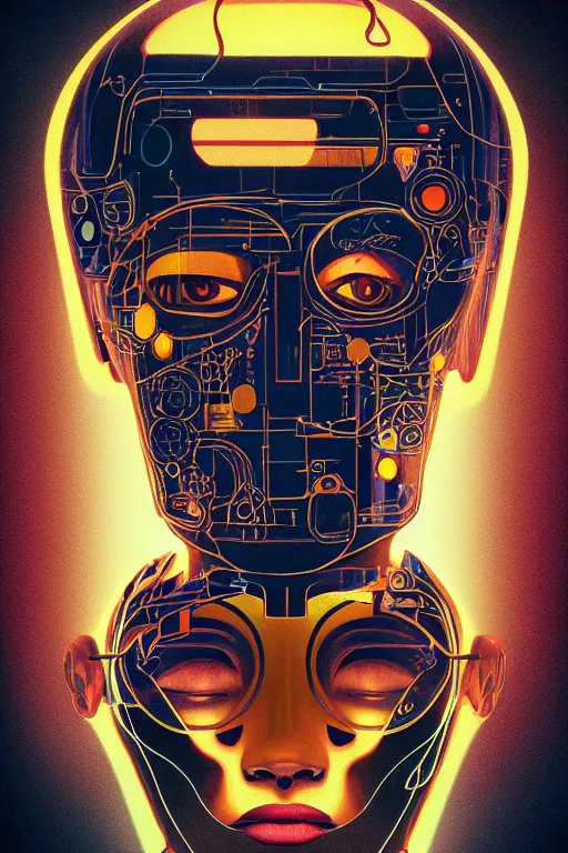 Image similar to portrait of a organic cyborg head wrapped in plastic by pixar, centered, symmetrical, bilateral symmetry, 80s poster, polished, retro dark vintage sci-fi, 2D matte illustration