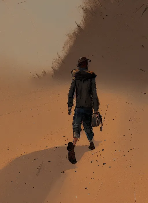 Prompt: digital painting of a person walking on a dirt road by ian mcque, trending on artstation, speedpainting, concept art, digital illustration