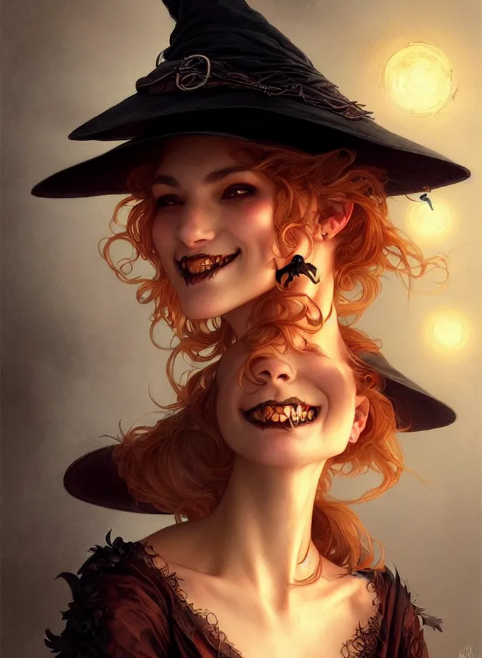 Image similar to halloween witch woman in a hat smiles, fantasy magic, undercut hairstyle, dark light night, intricate, elegant, sharp focus, illustration, highly detailed, digital painting, concept art, matte, art by wlop and artgerm and greg rutkowski and alphonse mucha, masterpiece