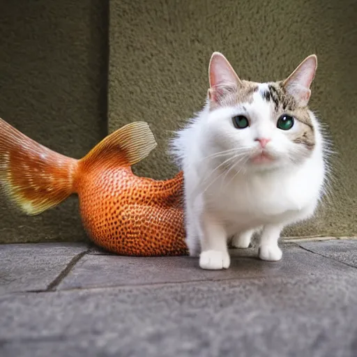 Image similar to A cat mermaid hybrid chasing a puffer fish