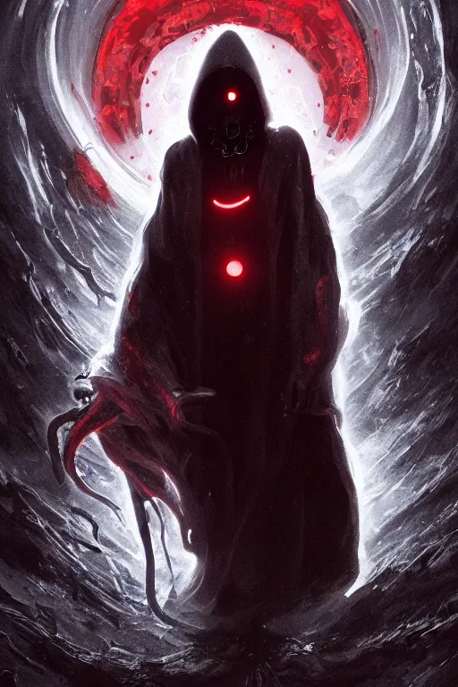 Image similar to A full body portrait of a mysterious character with four red eyes no face with a very long hooded yellow cloak, a golden crown floating above his head tentacles coming out the ground art by Maciej Kuciara and Jason Chan, ominous, cosmic horror, trending on artstation, Ultra detailed, hyper realistic 4k