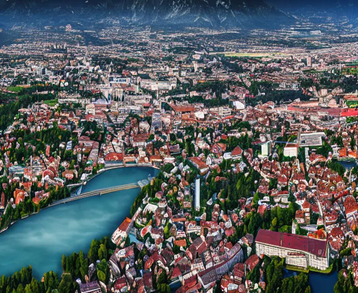 Image similar to 4 k hd, high detail panoramic photograph of innsbruck, shot with sigma f / 4. 2, 2 5 0 mm sharp lens, wide shot, volumetric lighting, high level texture render, unreal engine