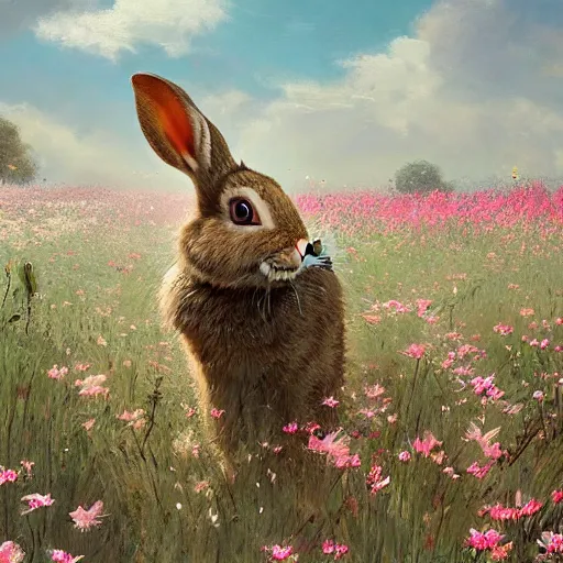 Image similar to a rabbit in a field of beautiful flowers, by stanley lau and greg rutkowski