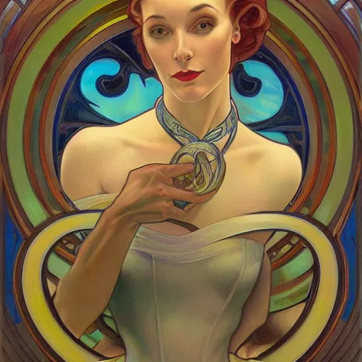 Image similar to a streamline moderne painting in the style of donato giancola, and in the style of charlie bowater, and in the style of alphonse mucha. symmetry, smooth, sharp focus, semi - realism, intricate detail.