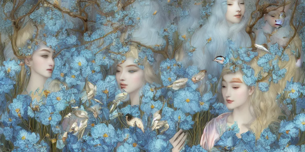 Image similar to breathtaking detailed concept art painting art deco pattern of blonde faces goddesses amalmation light - blue flowers with anxious piercing eyes and blend of flowers and birds, by hsiao - ron cheng and john james audubon, bizarre compositions, exquisite detail, extremely moody lighting, 8 k