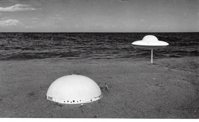 Image similar to ufo above a beach, old photo, newspaper photo, front page news