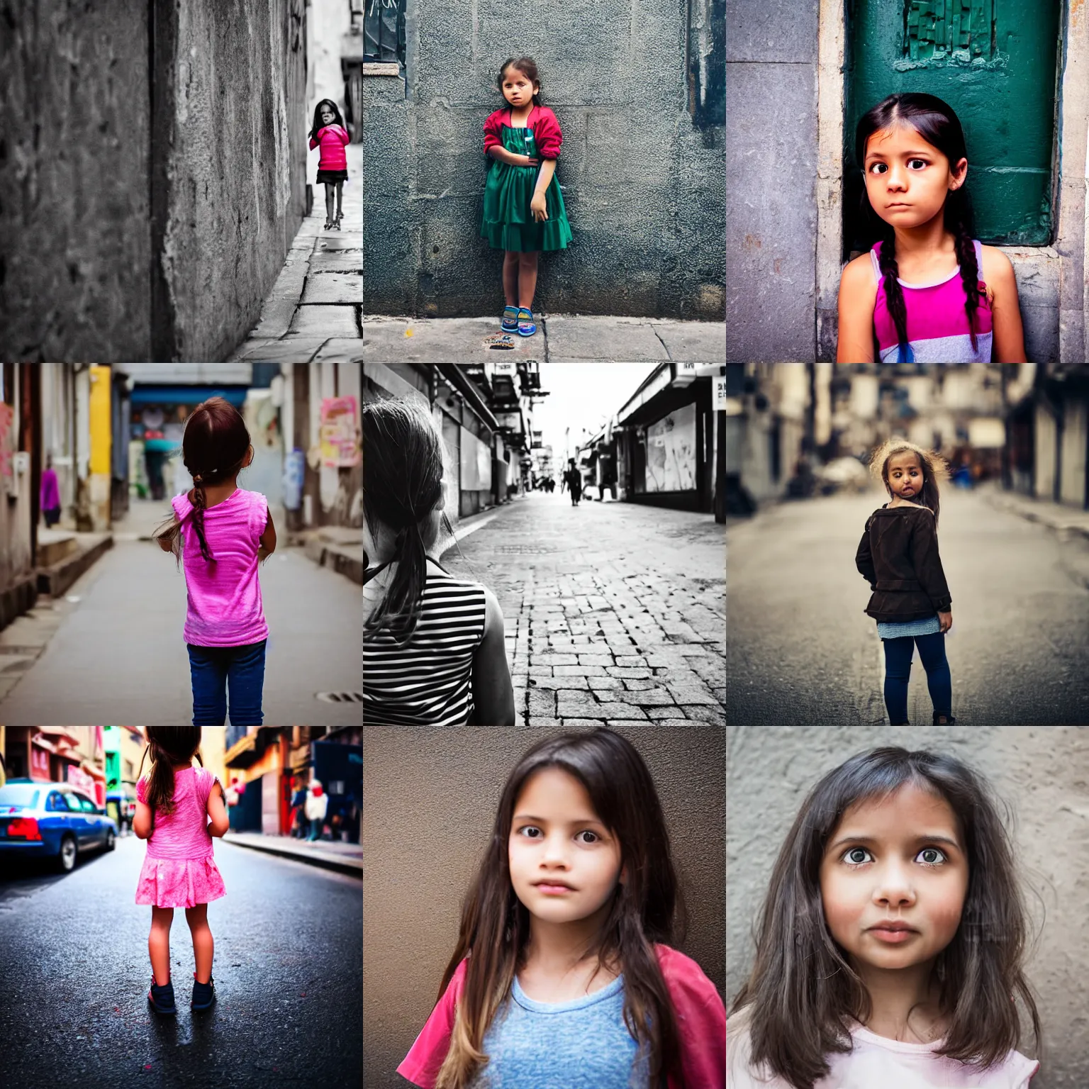 Prompt: over the shoulder shot photoreal portrait of curious girl standing in city street looking at camera.