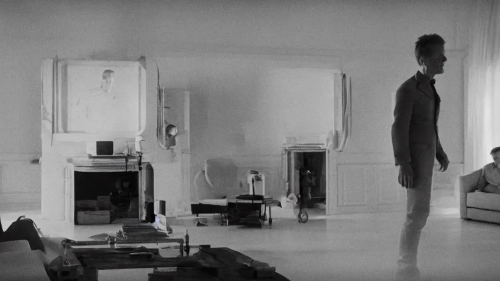 Image similar to an mri slice of james cavell in the living room, film still from the movie directed by denis villeneuve with art direction by salvador dali, wide lens