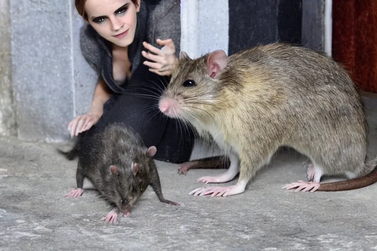 Image similar to 9, photo, emma watson as anthropomorphic furry - rat, 2 8 6 5 5, she is a real huge fat rat with rat body, cats! are around, eating cheese, highly detailed, intricate details