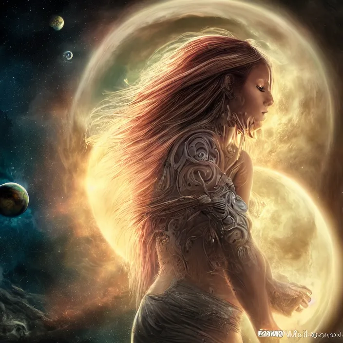 Image similar to beautiful celestial woman with long hair wrapping downward into planet seen for space, hyper-detailed, smooth, sharp focus, depth map, digital painting, apocalyptic art, fantasy dark art, 4k ultra hd, cinematic