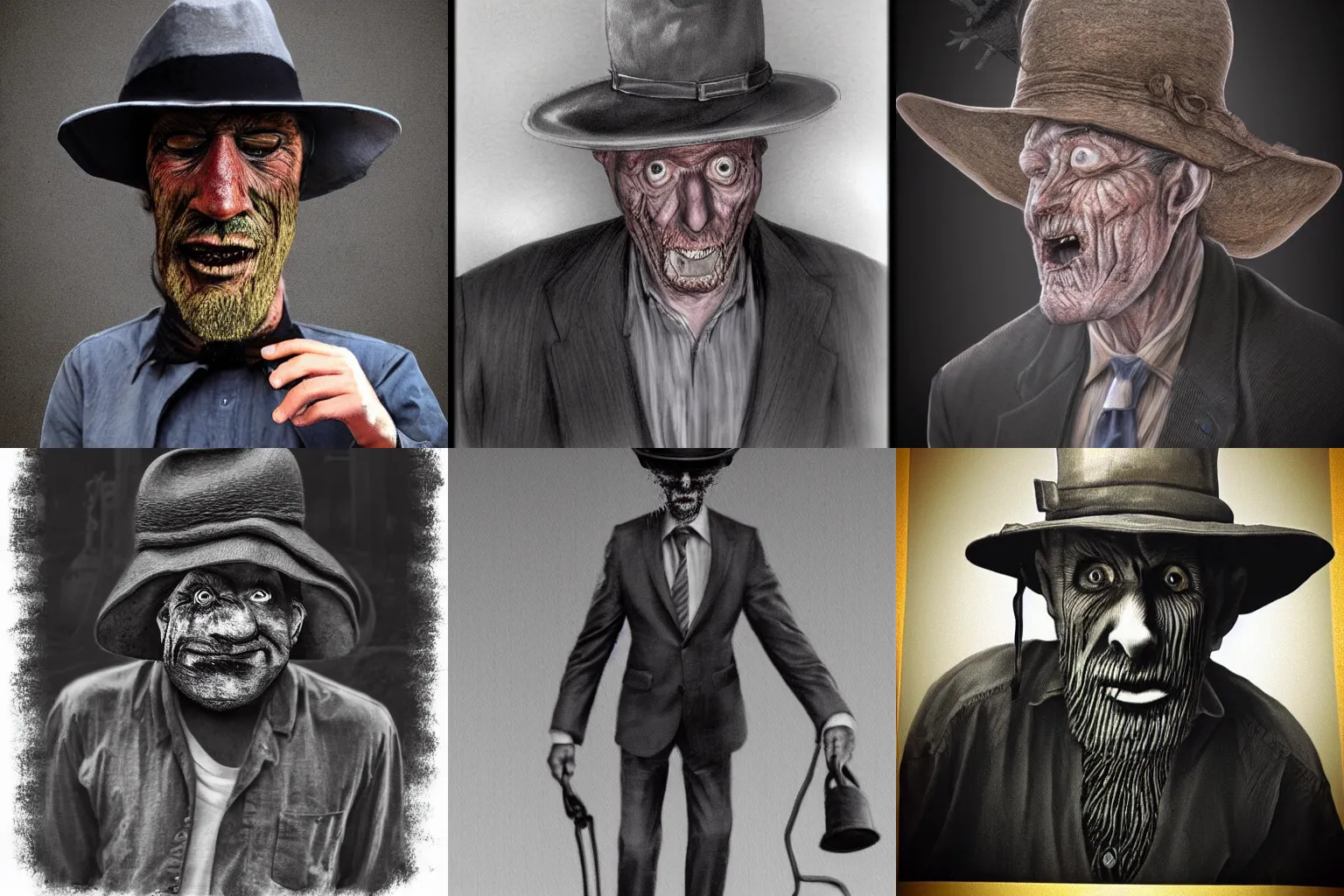 Prompt: the hat man hyper realistic, creepy, dark,