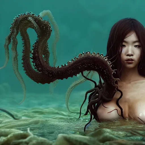 Image similar to beautiful, terrifying, demonic, full body female, with the body of a goddess, seaweed bikini top, a beautiful asian girl face, tentacles as hair, with parasitic tentacles crawling up her, in a underwater horror scene, photo realistic, dramatic cinematic lighting, octane render, 4k, ultra detailed