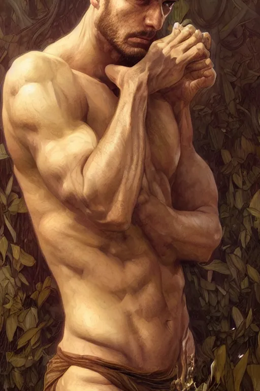 Image similar to portrait of a depressed herculian man, forest, full body, muscular, fantasy, intricate, elegant, highly detailed, digital painting, artstation, concept art, sharp focus, illustration, art by artgerm and greg rutkowski and alphonse mucha