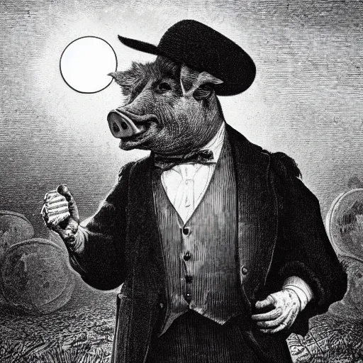 Prompt: closeup portrait of an evil pig in a tuxedo, dramatic lighting, farm background, moon, chiaroscuro, high detail, illustration by gustave dore