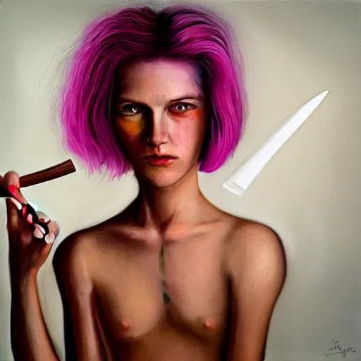 Image similar to person with pink hair holding a knife and smoking weed, cinematic, 4 k, oil painting