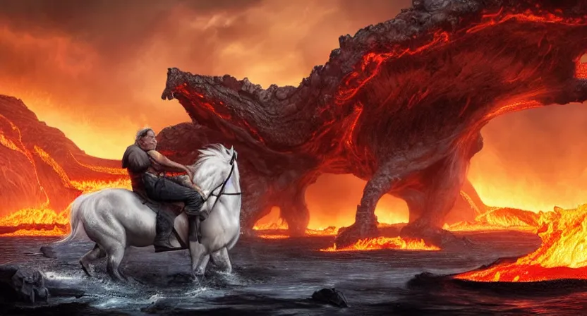 Image similar to Danny Devito riding unicorn in a lake of lava, concept art by Doug Chiang cinematic, realistic painting, high definition, digital art, symmetrical, very detailed, extremely high detail, photo realistic, concept art, unreal engine 5,