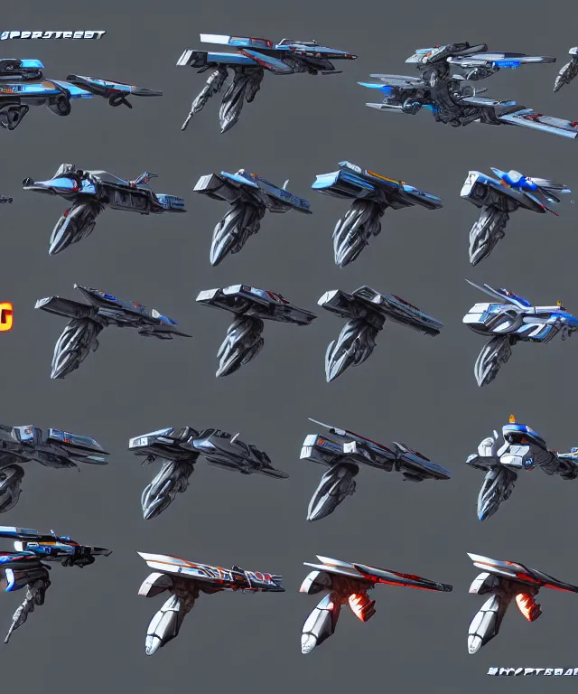 Image similar to 2 d shooter game concept art sprite sheet!!!, robotech gradius outer space concept art, hyperrealism, fine detail, 8 k, 3 d render, artstation contest winner, cgsociety, cryengine, zbrush, vray, no background