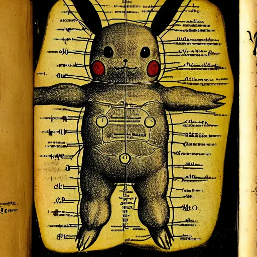 Image similar to anatomical drawing of Pikachu, with organs labeled, 16th century medical textbook