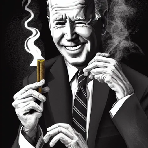 Image similar to joe biden smoking a rolled marijuana joint, amazing detail, digital art, artstation