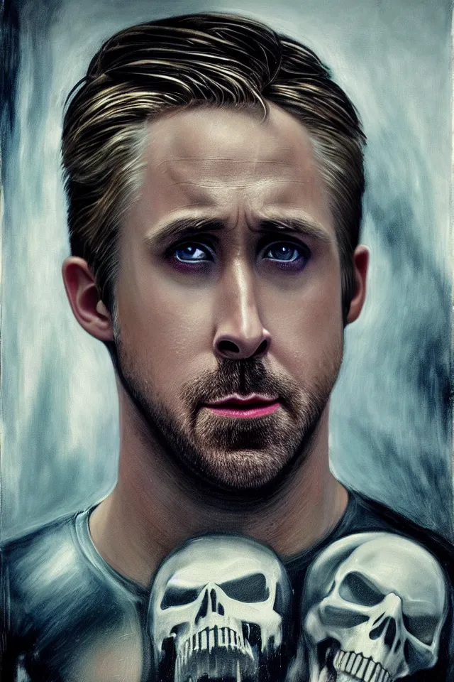 Image similar to Ryan Gosling As The Punisher, skull face makeup, head and shoulders portrait, stormy weather, extremely detailed masterpiece, oil on canvas, low-key neon lighting, artstation, Blade Runner 2049, Roger Deakin’s cinematography, by J. C. Leyendecker and Peter Paul Rubens and Edward Hopper and Michael Sowa