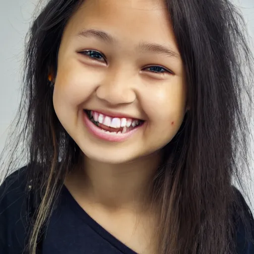 Image similar to a Dutch-Indonesian girl with blond hair, dark eyes and a friendly smile with a small gap between her teeth, realistic studio photo