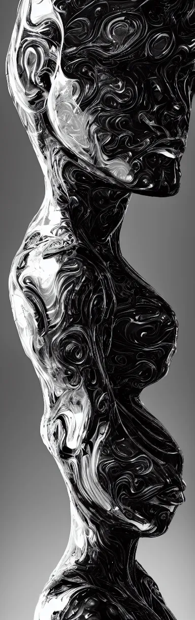 Image similar to epic sketch, digital abstract sculpt of beautiful female face body and black swirling latex acrylic portrait, black latex sculpt, minimalism, mechanical superstructure, sacred geometry, 8 k, cinematic, magic hour, beautiful light, sculpture of carving marble, dark colors, filigree ornaments, one point light, clockwork, epic matte painting, concept art, bokeh, digital painting