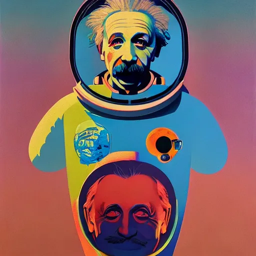 Image similar to portrait of Einstein in astronaut suit by Andy warhol and Petros Afshar and Beeple, Edward Hopper and James Gilleard, Zdzislaw Beksinski, Mark Ryden, Wolfgang Lettl highly detailed