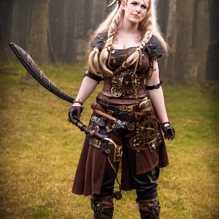 Image similar to full body photograph of a real-life female steampunk viking, Extremely detailed. 8k