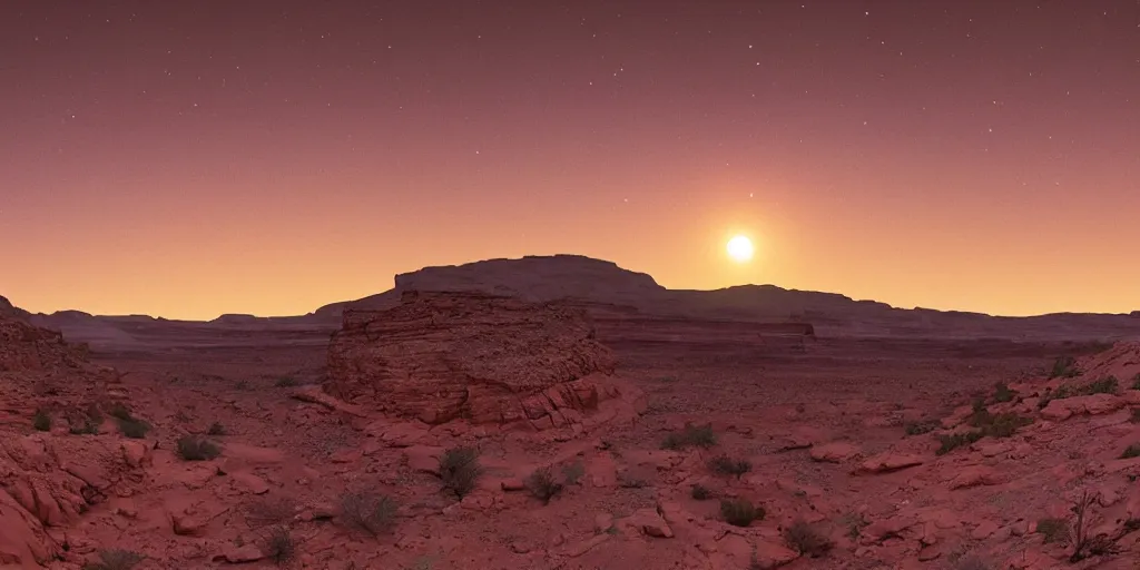 Image similar to a view looking out of a cave of a dried up river bend running through a canyon surrounded by desert mountains at sunset on mars, purple sky, two moons, planet mars, moab, utah, a tilt shift photo by frederic church, trending on unsplash, hudson river school, photo taken with provia, national geographic photo