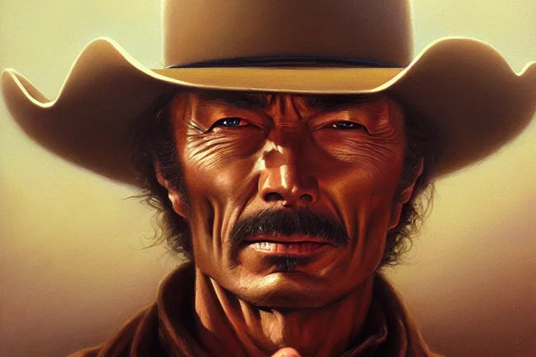 Prompt: close portrait of lee van cleef as a mean cowboy in pale rider ( 1 9 8 5 ). oil painting elegant, highly detailed, centered, digital painting, artstation, concept art, smooth, sharp focus, illustration, artgerm, tomasz alen kopera, peter mohrbacher, donato giancola, joseph christian leyendecker, drew struzan