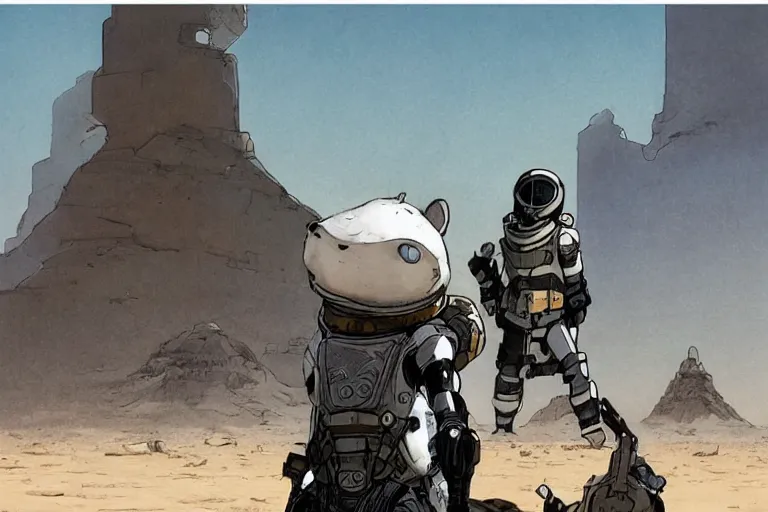 Image similar to rodent with white and black ancestral ornate japanese tactical gear on an abandonment desert planet, long shot, rule of thirds, golden ratio, graphic novel by fiona staples and dustin nguyen, by beaststars and orange, peter elson, alan bean, studio ghibli, makoto shinkai