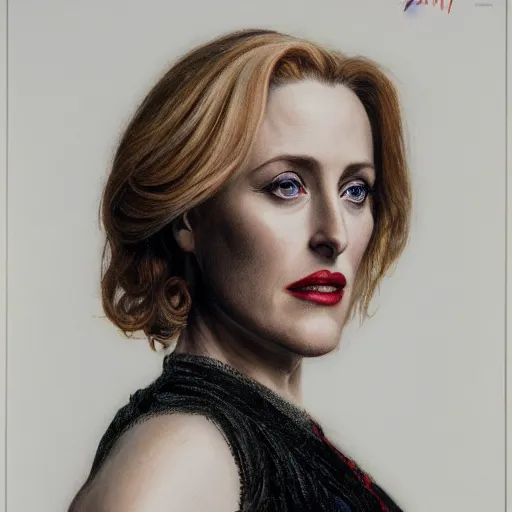 Image similar to portrait of Gillian Anderson as a lady vampire, 35mm, depth of field, DOF, ominous, sharp, highly detailed, photorealistic, realistic, unreal 5, high, definition, 8k, artstation, donato giancola, irwin penn, Alphonse Mucha