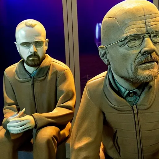 Image similar to jesse pinkman and walter white transformed into inanimate bronze statues, in a museum