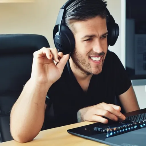 Image similar to the typical reddit moderator, using their computer while wearing a headset