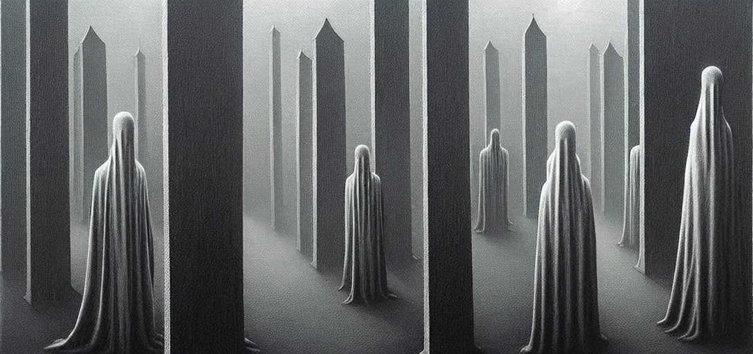 Image similar to dystopian surreal painting aliens in shrouds praying to a single eerie head statue surrounded by uneven buildings, artstyle by zdzisław beksinski