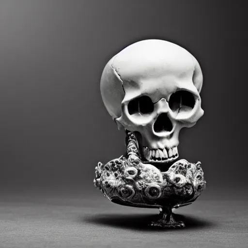 Prompt: a studio photograph of a skull goblet, solid color background, DSLR photography