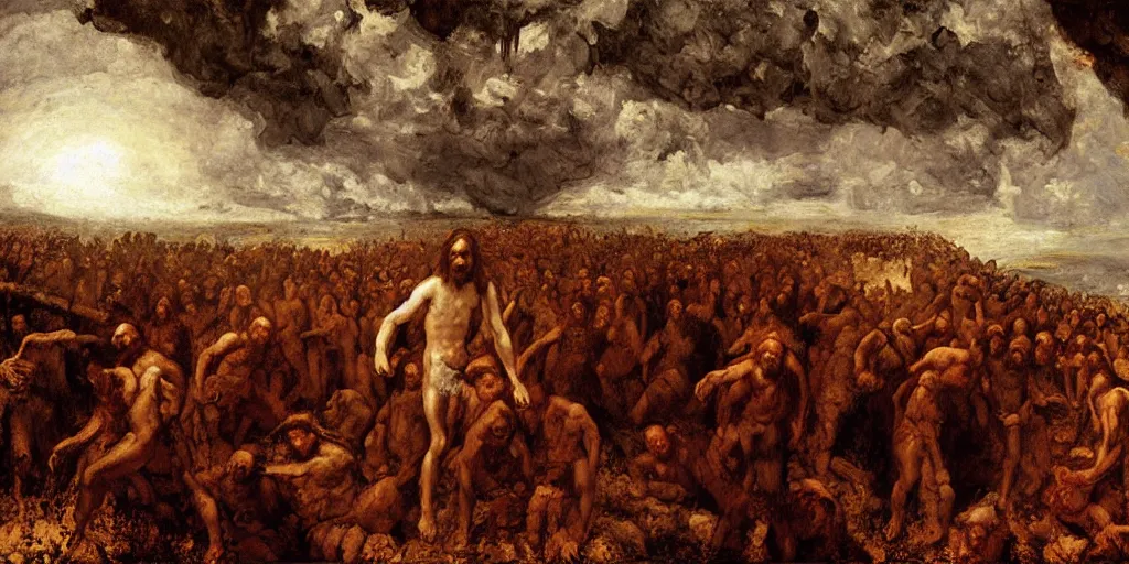 Prompt: Jesus Christ, walking through hell, to destroy Satan's kingdom, a fantasy digital Painting, by Gustave Courbet