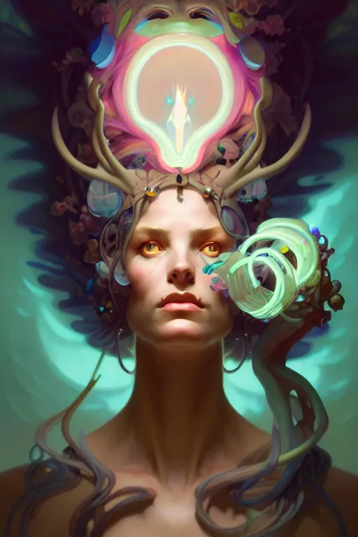 Prompt: portrait, bioluminescent druid, elegant baroque, asymmetrical art, hyperrealism, colorful, vivid, imposing, epic, digital painting, artstation, concept art, by peter mohrbacher and wlop and rhads and artgerm and magali villeneuve and alphonse mucha