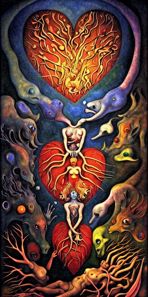 Prompt: mythical creatures and monsters in the visceral anatomical human heart imaginal realm of the collective unconscious, in a dark surreal mixed media oil painting by johfra, bosch, kandinsky, escher and ronny khalil, dramatic lighting from inner fire