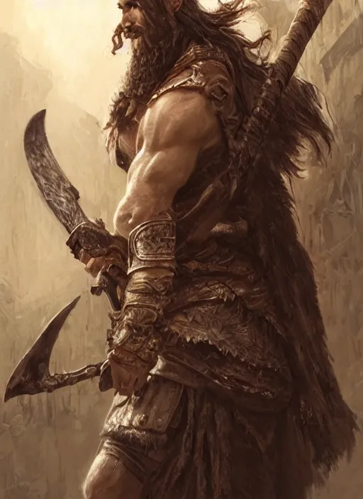 Image similar to realistic portrait painting of a male fantasy barbarian warrior, old mystic ruins, afternoon, intricate, elegant, highly detailed, digital painting, sharp, focus, by artgerm and greg rutkowski