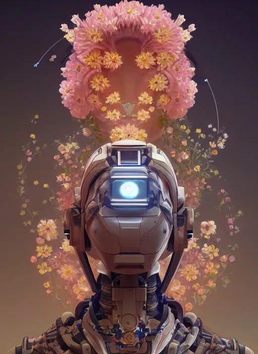 Image similar to symmetry!! portrait of a robot astronaut, tech face, floral! horizon zero dawn machine, intricate, elegant, highly detailed, digital painting, artstation, concept art, smooth, sharp focus, illustration, art by artgerm and greg rutkowski and alphonse mucha, midsommar 8 k