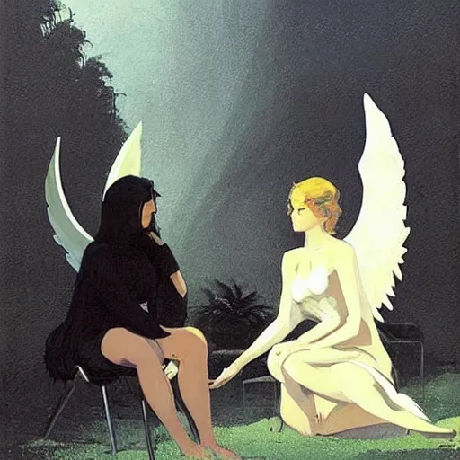 Image similar to an Angel and a demon sitting on lawn chairs having a conversation across from each other in an other wise empty black void. John Harris. Frazetta. Sylvain Sarrailh