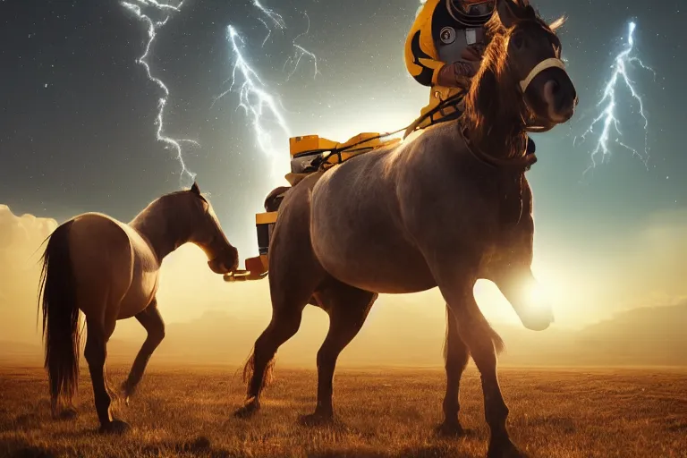 Image similar to a horse on top and an astronaut on bottom, horse is riding on the astronaut, 4 k, ultra details, cinematic, epic style, beautiful photo, hyper realistic, octane render, unreal engine, award winning, on artstation, volumetric lightning, masterpiece, golden hour,